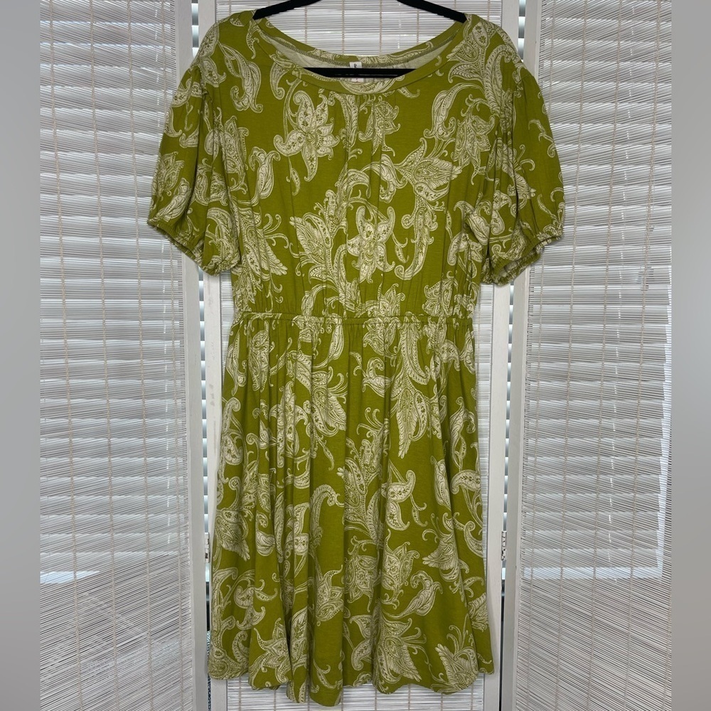 Anthropologie Daily Practice Green Floral Puff Sleeve Midi Dress Size S